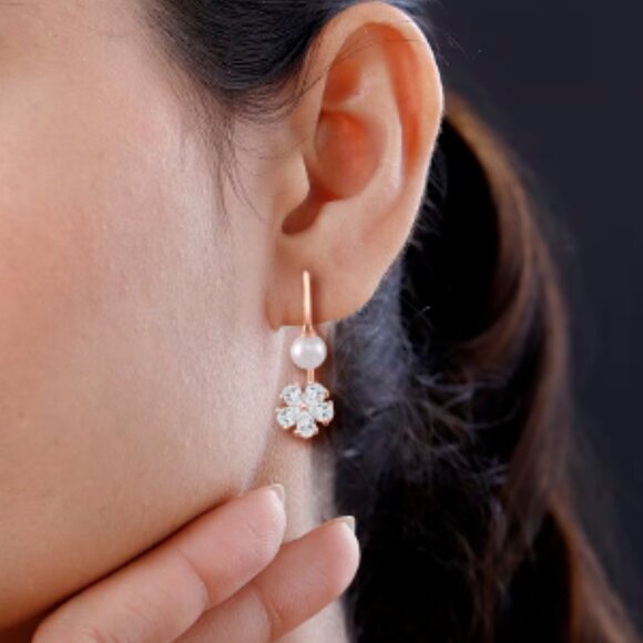 White Shell Pearl, Simulated Diamond Earrings in Rosetone - Picture 4 of 4